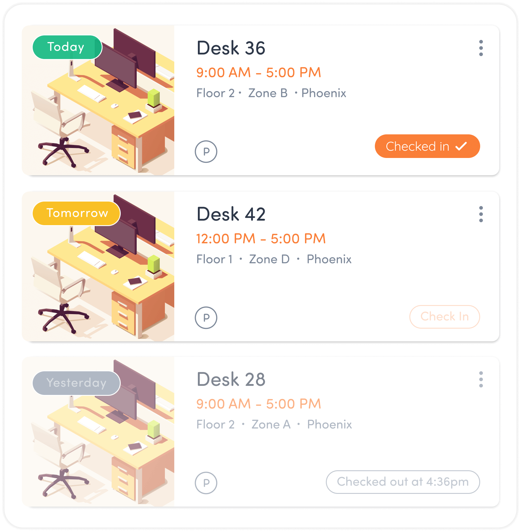 Desk booking reservation cards with check-in