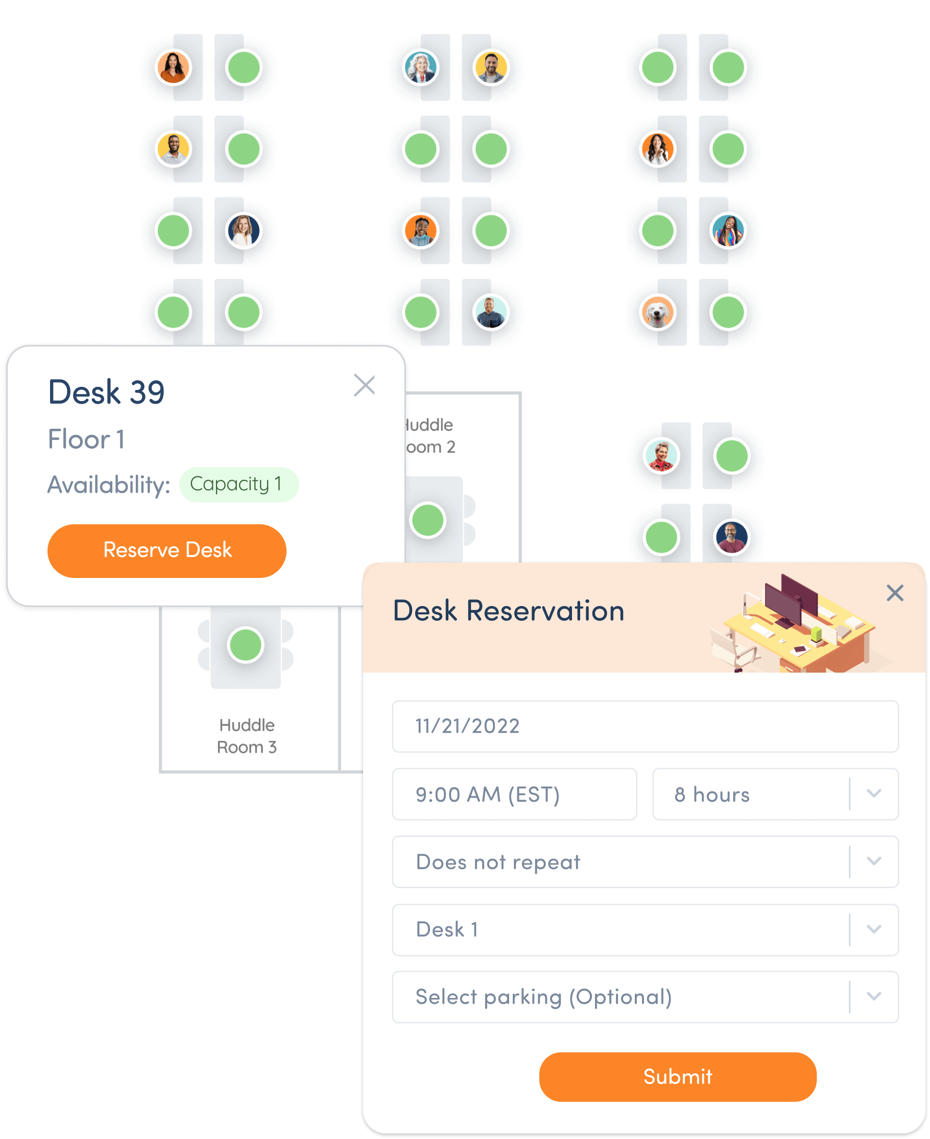 Interactive office map and desk booking modal