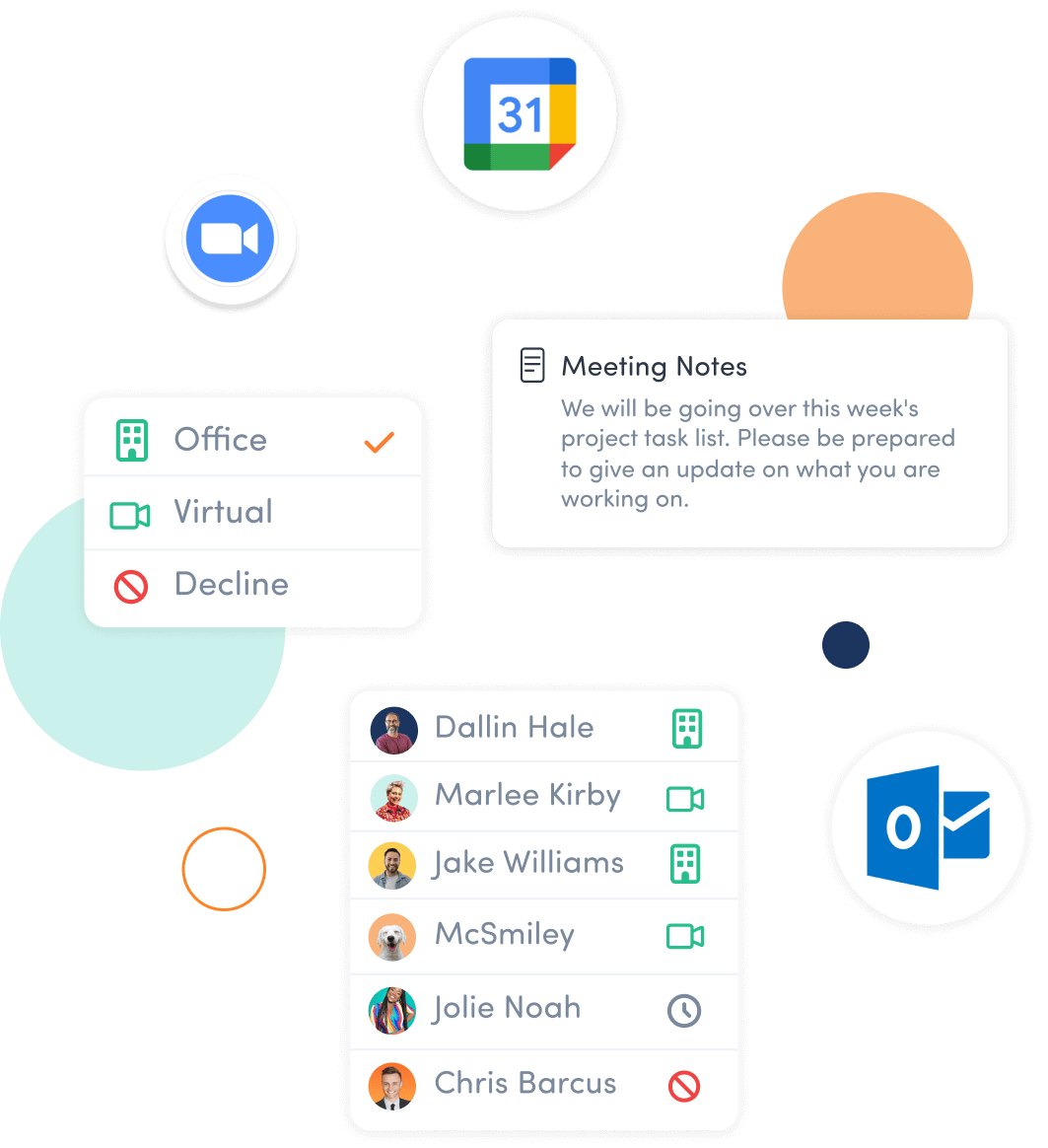 Meeting room extras including RSVP, a list of attendees, meeting notes and calendar integrations